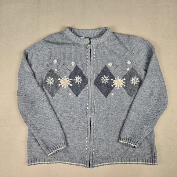 Croft & Barrow Tops - Snowflake Winter Christmas Sweater Womens Size Large Blue Full Zip Cardigan Silk